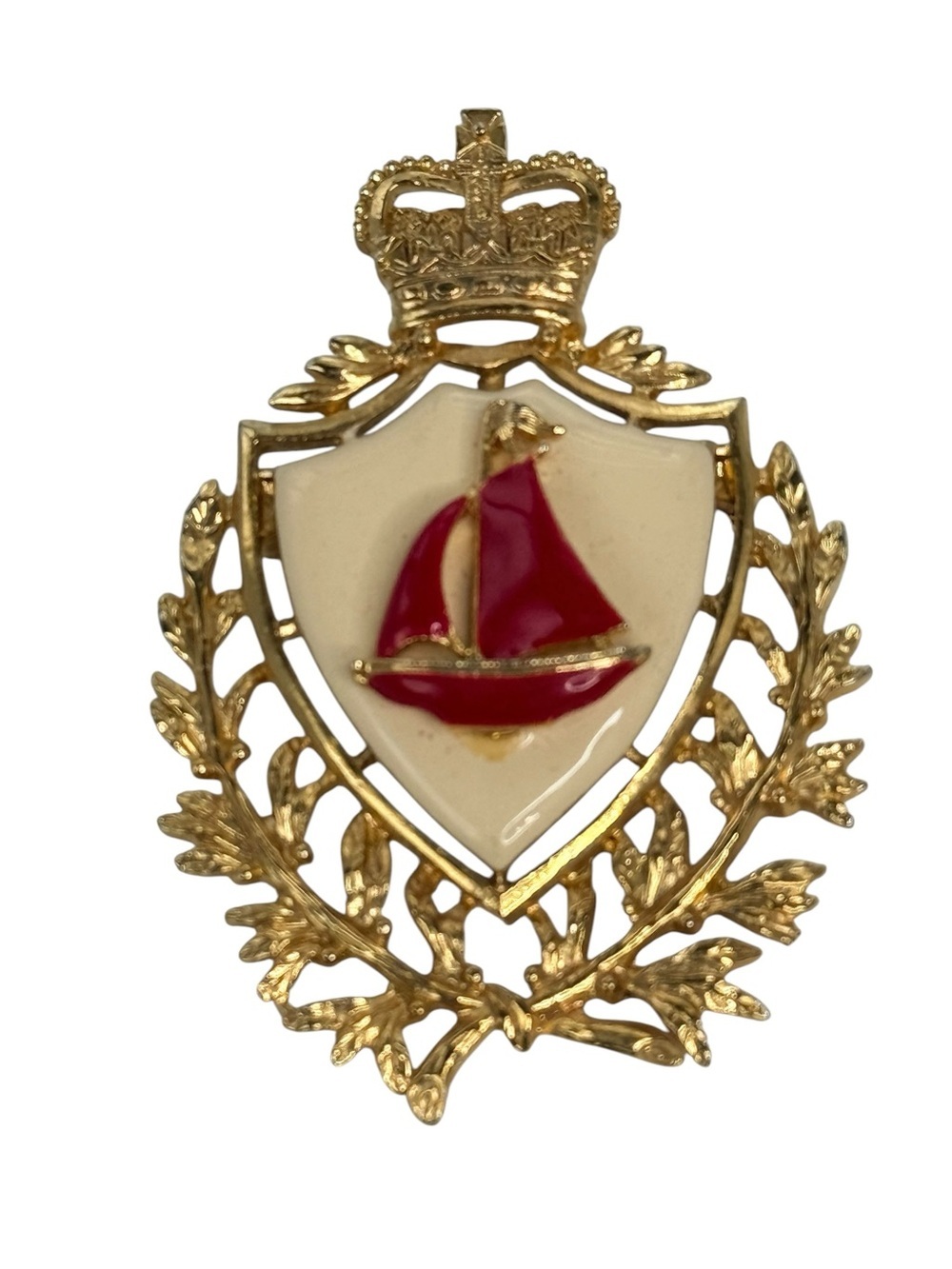 Vintage Crown Crest Sailboat Brooch Enamel Nautical Shield Pin yacht club